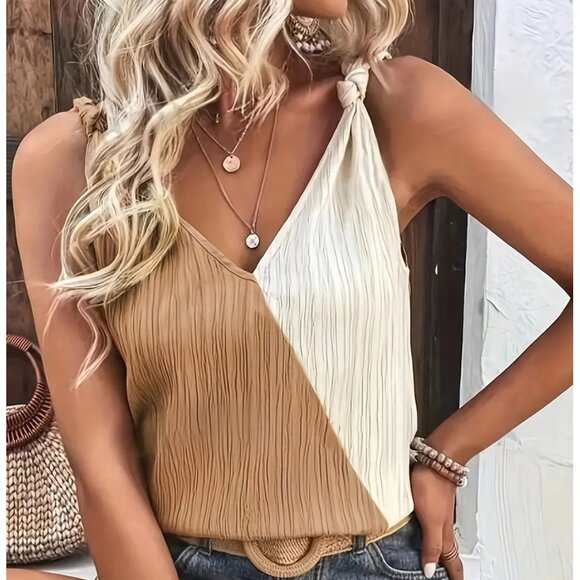 New Directional Womens Color-Block V-Neck Sleeveless Top With Knotted Straps Siz - Picture 3 of 3